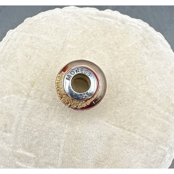 925 Sterling MORESS Glass Charm Bead Murano Italy Red Gold Crackle Design - Picture 2 of 3